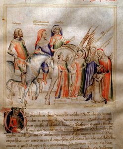Der Autor kniet, um sein Buch dem jungen Prinzen Visconti von Mailand in „Song of the Seven Vertus and the Seven Liberal Arts destinee for Bruzio Visconti“ (La Canzone delle Virtu e delle Scienze) von Bartolomeo di Bartoli zu präsentieren. Aquarell von And