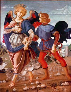 Tobias und der Engel. Tobias, von seinem blinden Vater beauftragt, die Fischgalle zu finden, wird vom Erzengel Raphael begleitet. Gemälde der Schule von Andrea del Verrocchio, 1470-1480