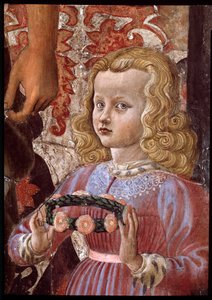 Jungfrau und Kind mit zwei Engeln, Johannes dem Täufer und einem anderen Heiligen, und zwei Kindern der Familie Pazzi. Detail, das eine der Pazzi-Töchter darstellt