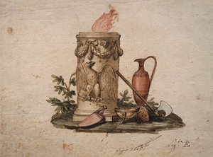 Säulenförmiger Kohlenbecken, dekoriert mit Girlanden und Adler, mit Schneidwerkzeugen, Becher und Amphore