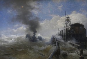 Ein Schlepper verlässt den Hafen von Ostende bei Flut von Andreas Achenbach