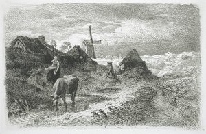 Landschaft mit Hütten und Windmühle von Andreas Achenbach