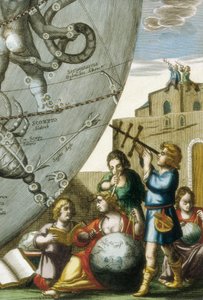 Wissenschaftler (Astrologen und Astronomen) studieren Globen und die Himmelskarte, Detail aus Atlas Coelestis seu Harmonia Macrocosmica von Andreas Cellarius (1596-1665)