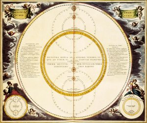 Himmelskarte und Beschreibung von Venus und Merkur, Radierung von Andreas Cellarius von Andreas Cellarius
