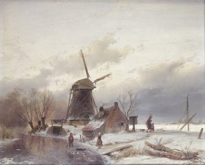 Eine gefrorene Flusslandschaft mit einer Windmühle von Andreas Schelfhout