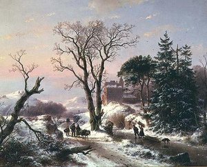 Waldflusslandschaft mit Bauern auf einem Pfad und einer Burg im Hintergrund