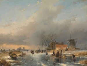 Eine Winterlandschaft, rechts eine Mühle und Häuser an einem zugefrorenen Kanal von Andreas Schelfhout