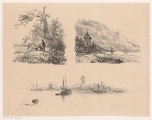 Figuren in einem Wald, ein Fluss entlang einer bergigen Küste und Boote auf dem Wasser