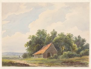 Landschaft mit Scheune und in der Ferne ein Hirte mit Schafen