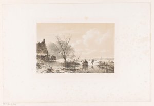 Schlittschuhläufer und Mann mit Schlitten auf gefrorenem Fluss