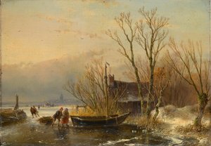 Winterszene auf dem Eis mit Holzsammlern von Andreas Schelfhout
