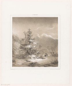 Winterlandschaft mit Nadelbäumen und Mann mit Schlitten von Andreas Schelfhout