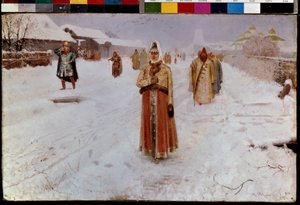 Sonntag. Im Winter, auf einer verschneiten Straße im Großfürstentum Moskau, zur Zeit der Wirren (16.-17. Jahrhundert) des alten Russlands, kehren Bojaren, Männer und Frauen, in traditionellen Kostümen von der Kirche zurück. Gemälde von Andre von Andrei Petrovich Ryabushkin