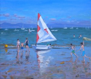 Rotes und weißes Segelboot, Abersoch