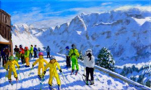 Junge Skifahrer in Gelb, Val Gardena Italien. 12x20
