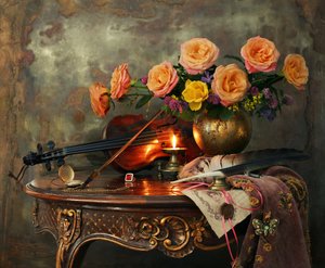 Vintage Violine und Rosen von Andrey Morozov
