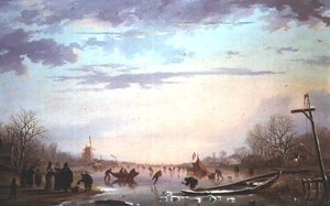 Schlittenszene auf einem zugefrorenen Fluss