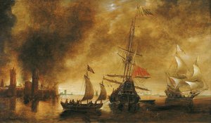 Bei Sonnenaufgang nach der Bombardierung eines Hafens durch die spanische Flotte, die Hafenanlagen rauchen noch von der nächtlichen Schlacht, ein Boot voller Soldaten bewegt sich um das zentrale Schiff