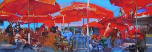 Rote Regenschirme Café