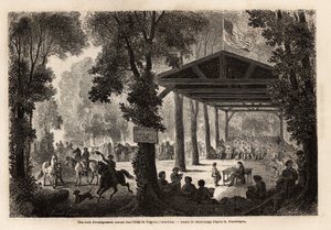 Eine Schule der gegenseitigen Erziehung, in einem Wald von Virginia (Vereinigte Staaten), Zeichnung von Janet Lange, zur Illustration eines Besuchs der Mammuthöhle in Kentucky im Jahr 1859 von M. Pousselgue. Gravur in „Le tour du monde“, herausgegeben von 