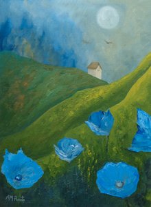 Blaue Mohnblumen auf mondbeschienenen Hügeln