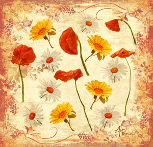 Fröhliche Mohnblumen und Gänseblümchen
