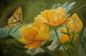 Goldene Blumen und Schmetterling von Angeles M. Pomata