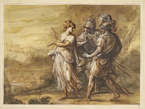 Mythologische Szene. Junge Frau mit Bogen wendet sich zu zwei bewaffneten Männern