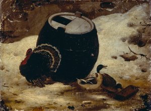 Tiere und ein Fass im Schnee von Angelo Inganni