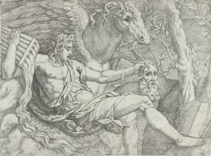Apollo mit Pfeifen in der rechten Hand, begleitet von Pegasus von Angiolo Falconetto