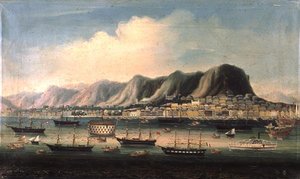 Ansicht von Hongkong mit einem Gefängnisschiff und einem Raddampfer im Hafen von Anglo Chinese School