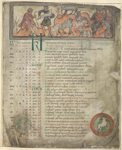 Cotton Tiberius B. V, Teil 1, f.5 Kalenderseite für Mai. Schafe hüten. Zwei Hirten mit ihrer Herde, einer hält einen Hirtenstab, und drei sitzende Figuren. Unten, Widder in einem Rundel von Anglo Saxon