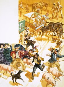 Ein Mann rennt durch die Straßen von San Francisco und verkündet die Entdeckung von Gold von Angus McBride