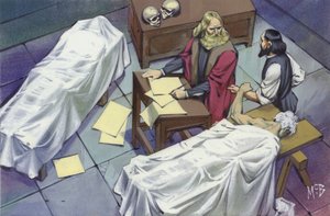 Leonardo Da Vinci untersucht die menschliche Anatomie, indem er die Leichen von Männern verwendet, die im Krankenhaus gestorben sind von Angus McBride