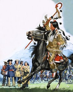 Unidentifizierte Indianer umringen eine kleine Gruppe von Spähern