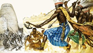 Kriegstanz der Bantu-Stammeskrieger