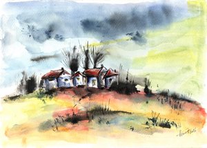 Stürmisches Dorf am Hang