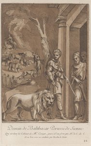 Ein Hirte hält einen Löwen an der Leine im Vordergrund, im Mittelgrund der Sch... , ca. 1729-64 von Anne Claude Philippe de