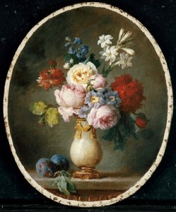 Eine Vase mit Blumen und zwei Pflaumen auf einem Marmortisch, 1781 von Anne Vallayer Coster