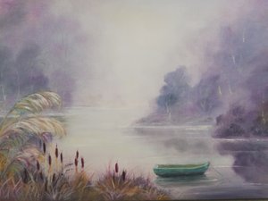 Nebliger See mit Ruderboot