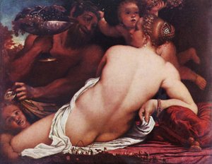 Bacchantin Venus mit einem Satyr und Amoren
