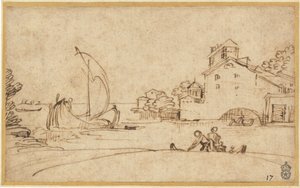 Landschaft mit Figuren an einer Mündung mit Segelbooten