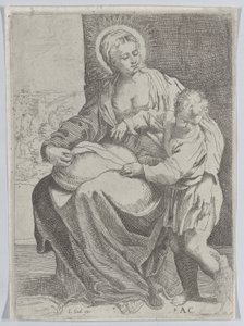 Die Jungfrau sitzt und hält ein Kissen auf ihrem Schoß, mit dem jungen Christus rechts stehend