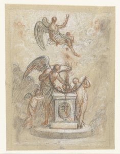 Allegorische Darstellung mit der Zeit und anderen Figuren um ein Denkmal oder Altar