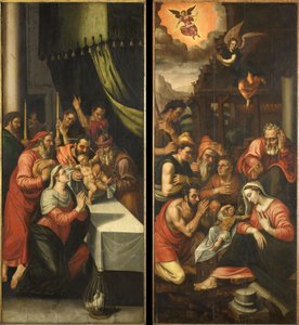 Flügel des Altars mit der Anbetung der Hirten. Auf der Außenseite sind sechs kniende Edelmänner in Rüstung
