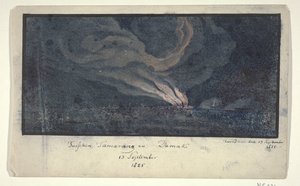 Brand in einer Landschaft auf Mittel-Java, 1825 von Anonymous