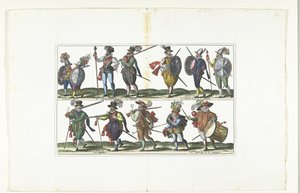 Doppelseite mit zwölf bewaffneten Bürgern in Uniform nach der Mode in Antwerpen, ca. 1580