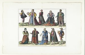 Doppelte Platte mit fünf Männern und fünf Frauen in englischer Mode, ca. 1580