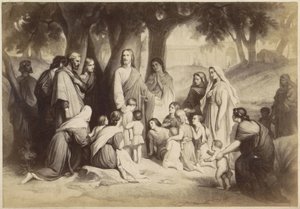 Fotoreproduktion einer (vermutlich) Druckgrafik von Jesus mit Kindern (Lasst die Kinder zu mir kommen) von Anonymous