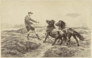 Fotoreproduktion einer (vermutlich) Druckgrafik eines schottischen Mannes mit zwei Ponys